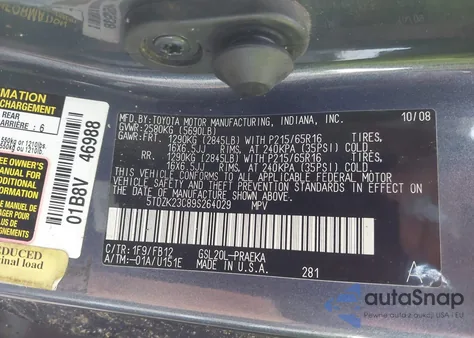 2009 Toyota Sienna Ce из США, поврежденный, VIN 5TDZK23C89S264029